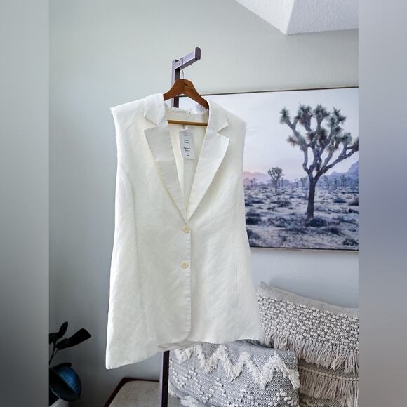 NWT Linen blend sleeveless button front vest jacket frayed edges blazer M - Picture 1 of 3